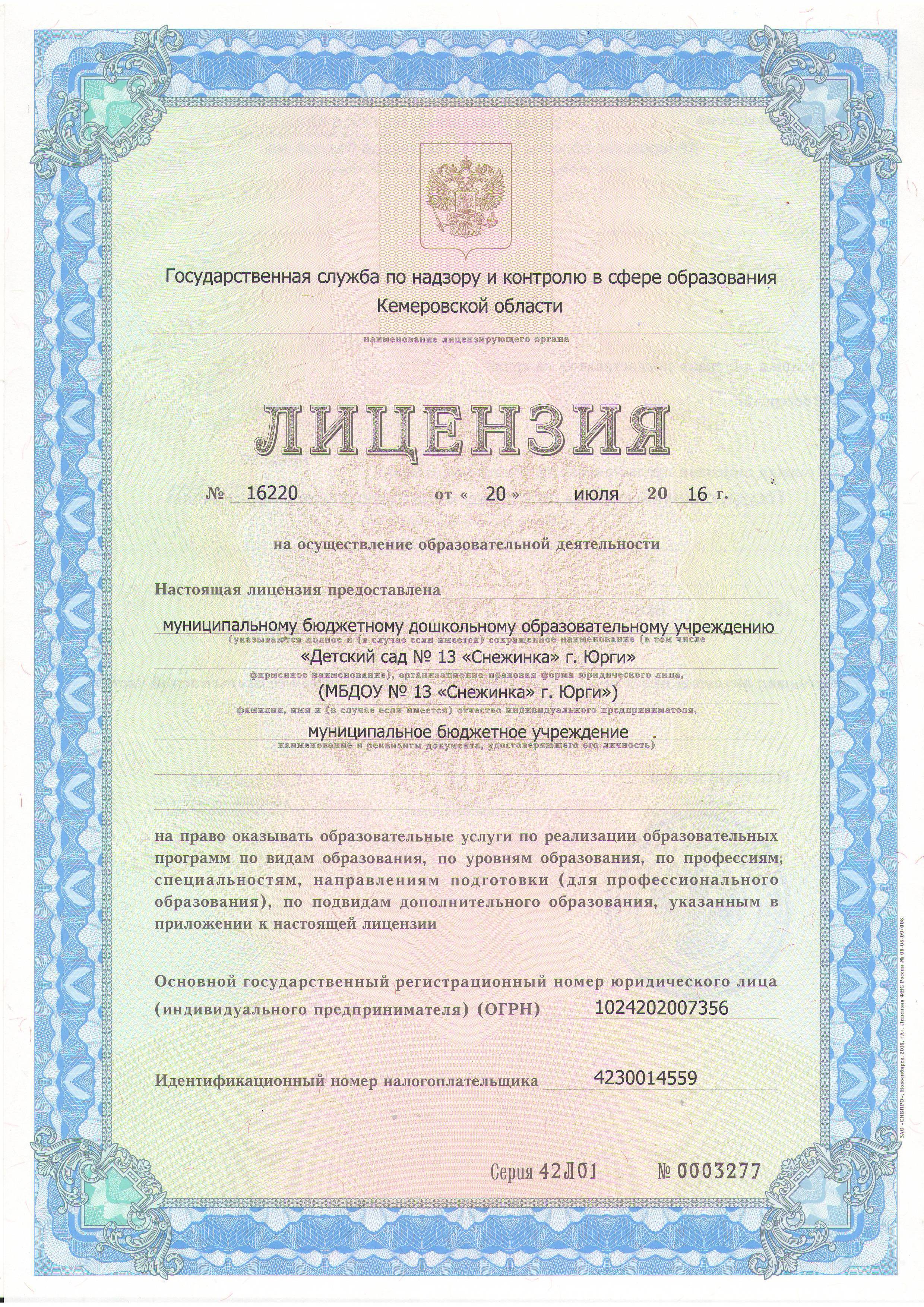 Лицензия на ведение образовательной деятельности в МБДОУ 13 Снежинка 1 стр.jpg